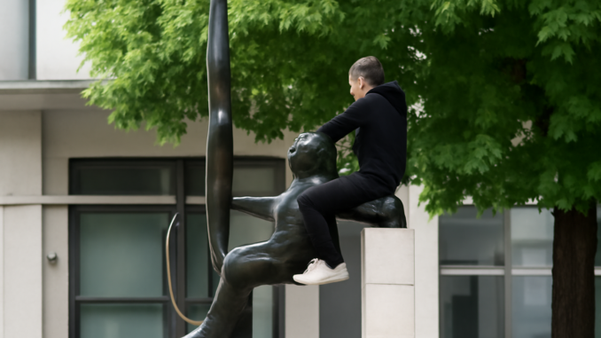 Tânăr surprins "călărind" o statuie în Cluj: sancționat cu amendă